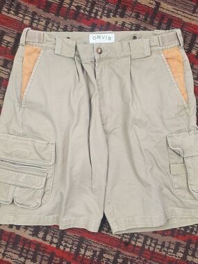 Vintage Orvis Zambezi Twill Cargo Shorts Mens 34 Khaki Leather Trim